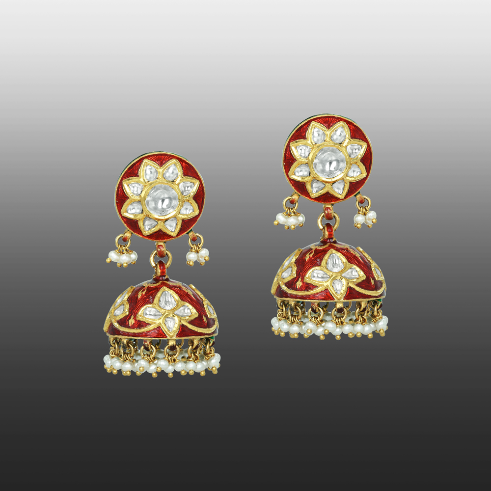 Red Enamel Polki Jhumkas with Pearls and Floral Motif